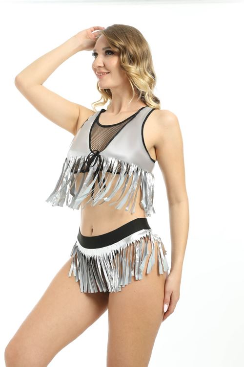 Gri Deri ( Lame ) Püsküllü Gecelik