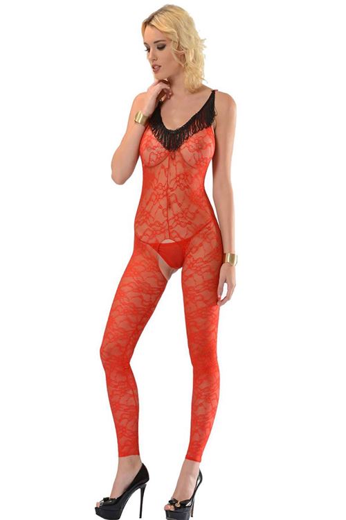 Kırmızı Siyah Püskül Detay Vücut Çorabı