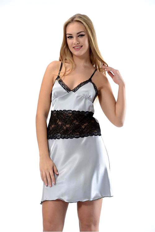 Gri Dantelli Saten Gecelik