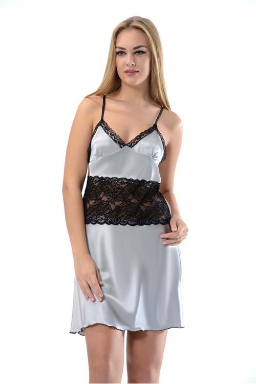 Gri Dantelli Saten Gecelik