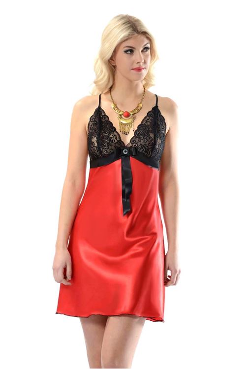 Kırmızı Dantelli Saten Gecelik