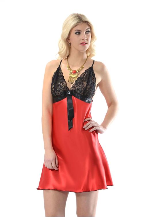 Kırmızı Dantelli Saten Gecelik