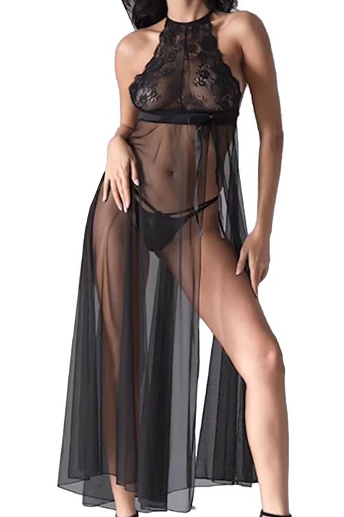 Derin Yırtmaçlı Dantelli Fantezi Tül Gecelik Siyah