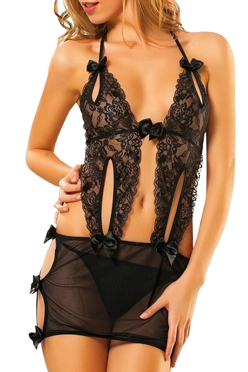 Full Detaylı Sırtı Açık Dantel Gecelik Siyah