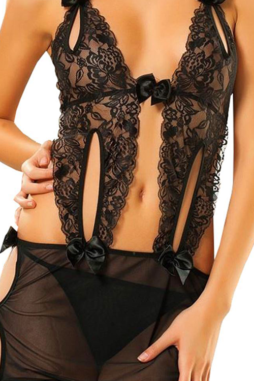 Full Detaylı Sırtı Açık Dantel Gecelik Siyah