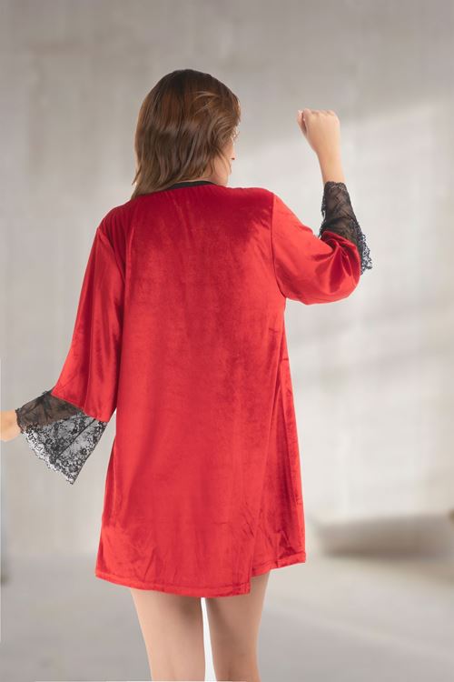 Kırmızı Kadife Sabahlık & Gecelik Takım 2' Li