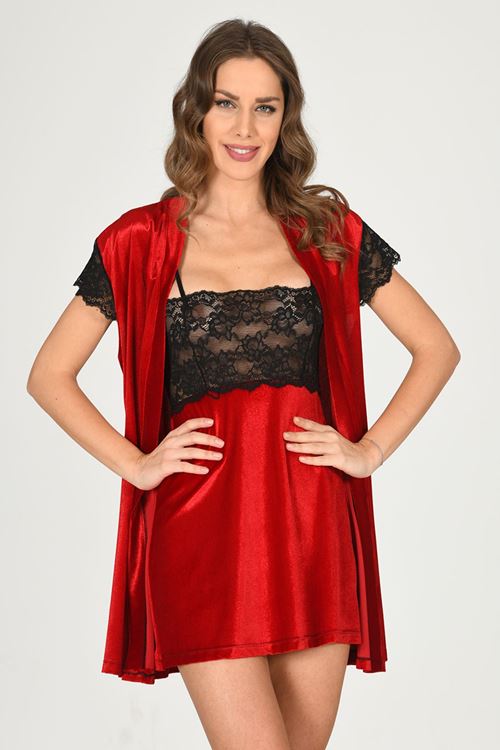 Kırmızı Kadife Sabahlık & Gecelik Takım 2' Li