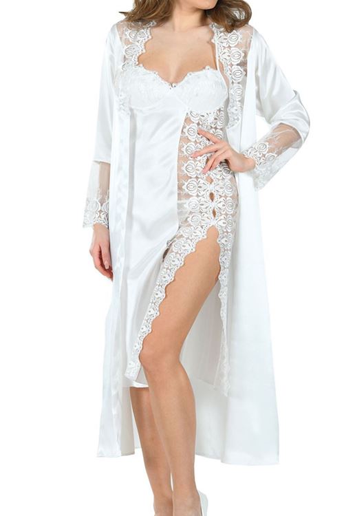 Saten Gecelik Sabahlık Set - Çeyizlik Beyaz