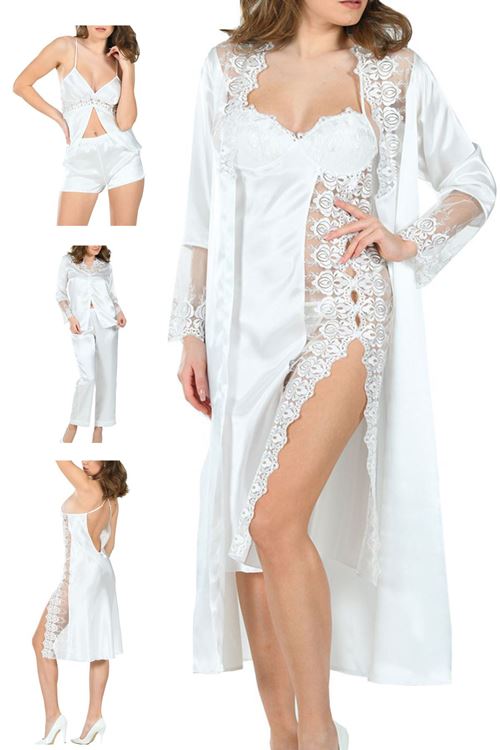 Saten Gecelik Sabahlık Set - Çeyizlik Beyaz