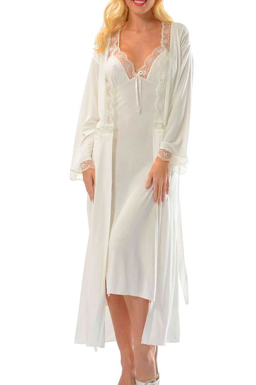 Saten Gecelik Sabahlık Set - Çeyizlik Ekru 