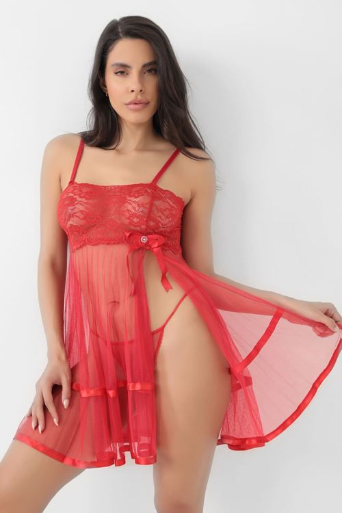 Kırmızı Şifon Pileli Gecelik